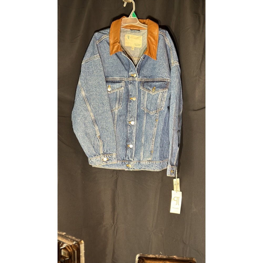 Pilcro Blue Denim Jacket with Tan Leather Collar